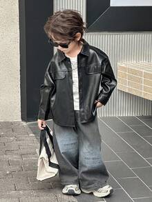 DAZY 儿童秋季休闲宽松纯色街头风格夹克，适合男童（幼儿） - 黑色 - 查看 2