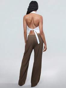 SHEIN Tall 女士纯色腰部纽扣设计口袋直筒宽松休闲裤 - 棕色 - 查看 2