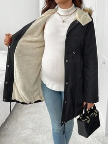 SHEIN 秋装，秋季服装，孕妇冬装孕妇休闲加厚连帽三合一夹克孕妇冬季外套冬季夹克加大码夹克女士外套 - 黑色 - 查看 4