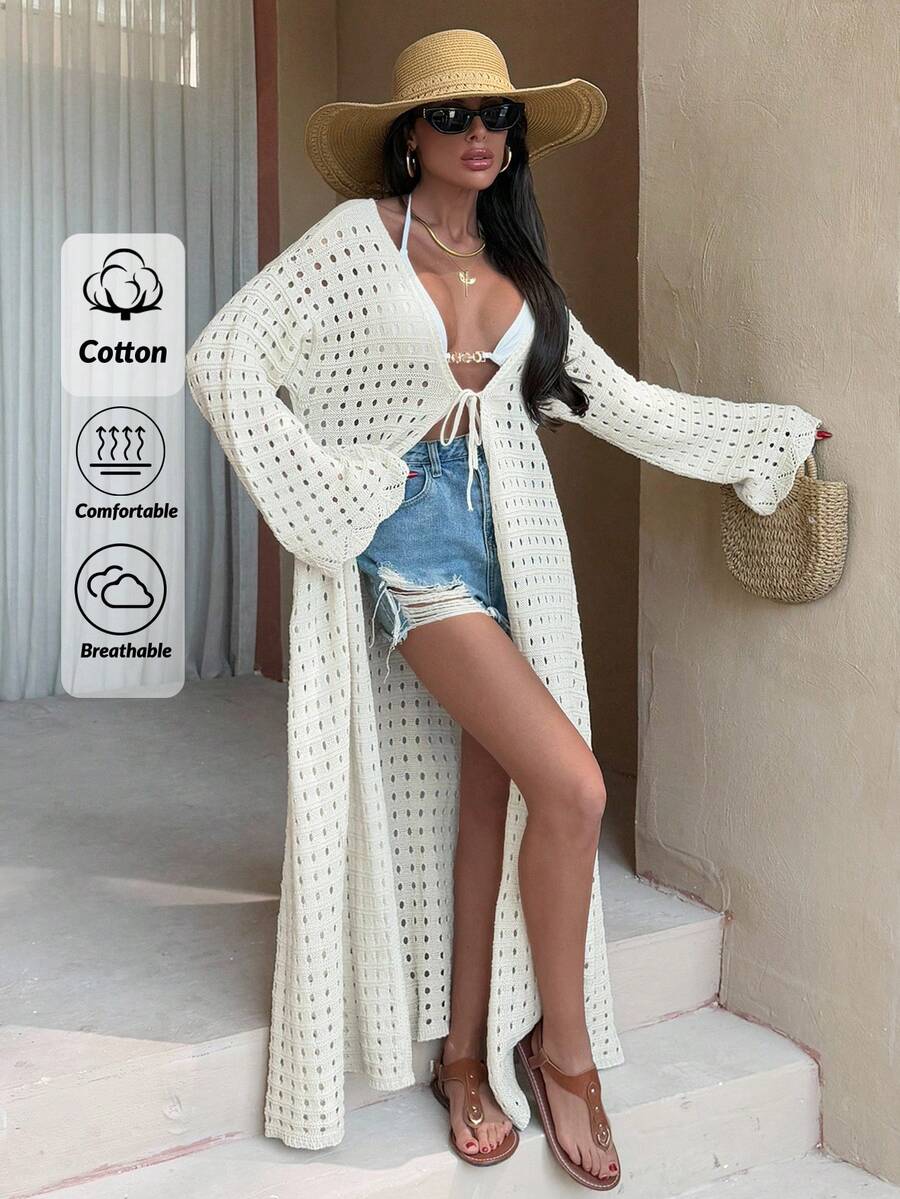 EURMUSE Women Summer Kimono With Bow Details Long Women Short Dresses Summer - Cream - View 1