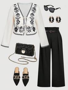 SHEIN MOD Plus Size Floral Embroidered White Jacket,Black And White Contrast Trim Lightweight Outerwear,V-Neck French Style Top,Autumn,Elegant Wedding Guest - Black and White - View 1