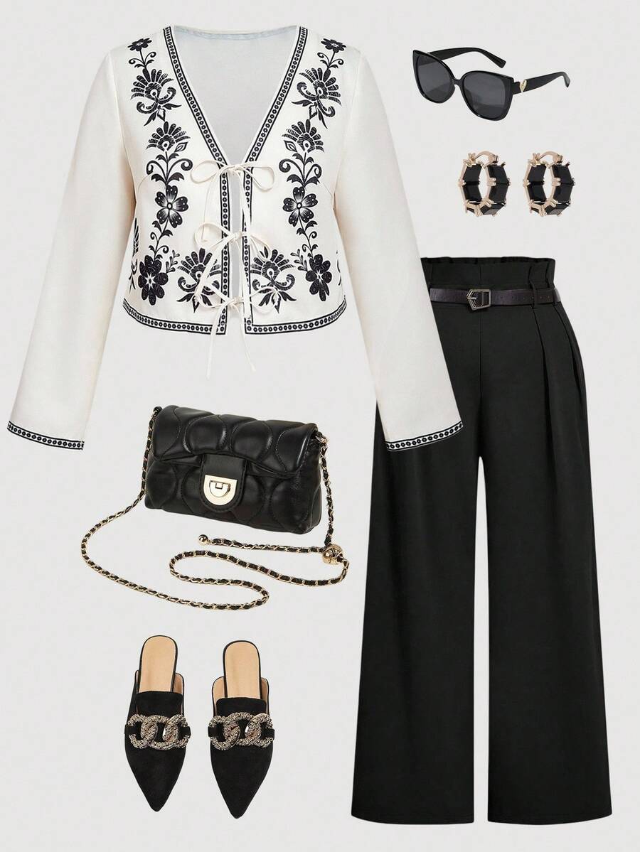 SHEIN MOD Plus Size Floral Embroidered White Jacket,Black And White Contrast Trim Lightweight Outerwear,V-Neck French Style Top,Autumn,Elegant Wedding Guest - Black and White - View 1