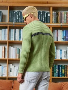 Manfinity CasualKnits Pull rayé décontracté à blocs de couleurs pour hommes, automne/hiver, collier de perles pour hommes, pull vert, tricot pour hommes, pull vert citron pour hommes, pull côtelé vert pour hommes, tricot vert pour hommes, pull vert citron pour hommes, pull en tricot pour hommes - Vert - Voir 4
