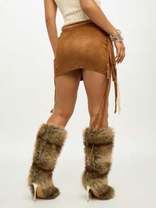 SUMWON WOMEN Suede Mini Skirt With Fringe Tassel Detail High Waisted Bodycon Fall Winter Fashion Skirt