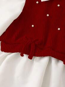 Elladie kids Girls' Casual Shirt Set, Khaki Bow Design, Beaded Knit Ribbed Fabric, White Long Sleeve Collared Ruffle Hem Blouse Top Paired With Khaki Pearl Flared Pants, 2pcs Set, Suitable For Back To School, Casual, Fashion, Sweet, Comfortable Outdoor Travel Outfit Fall Winter