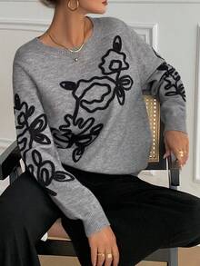 DAZY Suéter holgado de mujer con cuello redondo y contraste de color floral para otoño - Gris - Ver 5