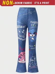 Tween Girl Cartoon & Letter Graphic Flare Leg Leggings Fall Winter - Blue - View 3