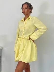 SHEIN Essnce 2 件套女士清爽柠檬黄泡泡裙和透明衬衫套装，夏季 - 黃色 - 查看 4