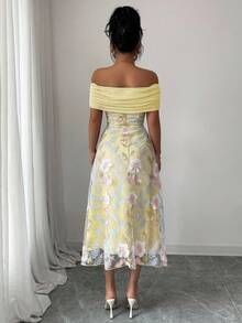 Modelyn Women's Mesh Patchwork Polyester Knit Embroidered Off Shoulder Ruffle Minimalist Sexy Summer Dress - Yellow - View 2