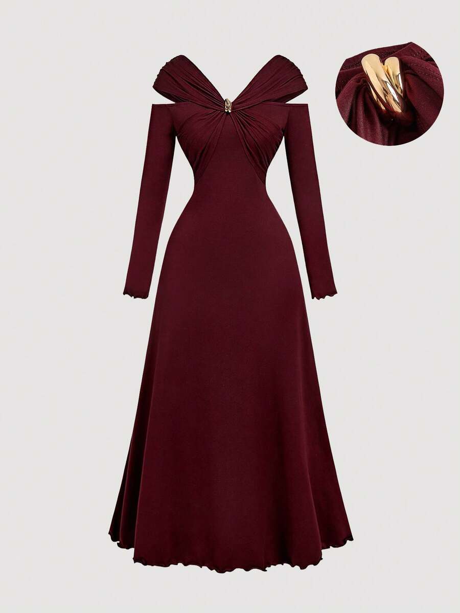 SHEIN MOD Váy dài ngang gối màu đỏ tía dành cho nữ - Màu Đỏ Sâu - Xem 1