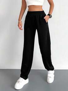 EURMUSE Cotton Solid Elastic Waist Straight Leg Sweatpants - Black - View 5
