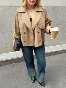 Auralis 大码女装时尚休闲宽松舒适日常百搭经典卡其色短款风衣，简约风格，春季外套 - 卡其色 - 查看 6