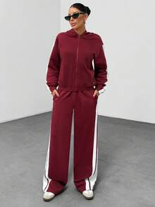 EURMUSE Women's Color Block Sweat Set – Zip Up Hooded Cropped Jacket And High Waist Wide Leg Sweatpants, Elastic Waist, Contrast Panel, Casual Two Pieces Loungewear Tracksuit, Sporty Street Style Co-Ord 2 Pieces Casual Sets Woman Two Pieces Pants Set Woman 2 Pieces Outfits Women's Two Pieces Outfits Casual Two Pieces Set - Burgundy - View 7