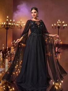 Glamrae Đầm maxi cỡ lớn sang trọng, lãng mạn màu đen đính hoa và hạt cườm, thích hợp cho đám cưới, tiệc tùng, các sự kiện kỷ niệm, dạ hội trang trọng, ngày Valentine. - màu đen - Xem 4