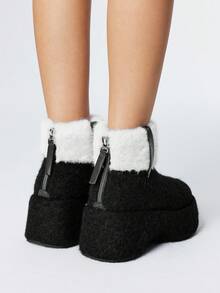 ROMWE Kawaii Botas de mujer blancas con pelo, con cremallera lateral, plataforma con cuña, tacón gótico y cálidas botas de tobillo - Negro - Ver 5