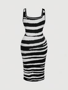 SHEIN MOD فستان مضفر بنمط الزيبرا مقاس كبير، أنيق وعاطفي - أبيض وأسود - مشاهدة 2