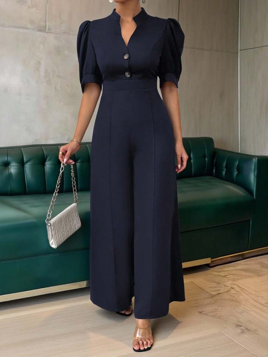 Chiquease 女式 V 领泡泡袖收腰阔腿连体裤，夏季 - 藏蓝色 - 查看 1