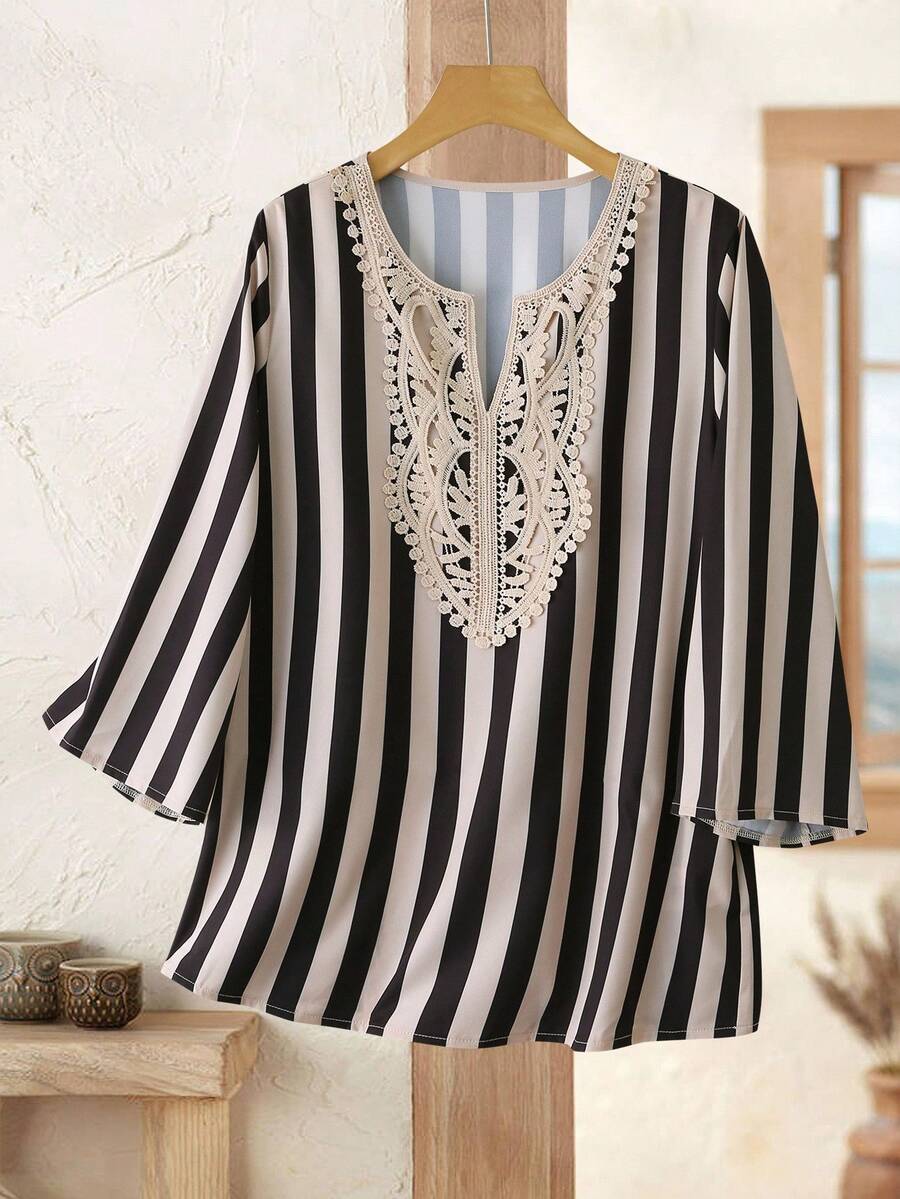 Rusticease 女士撞色蕾丝条纹V领宽松时尚衬衫，女士秋冬上衣，休闲女士感恩节上衣 - 彩色 - 查看 1