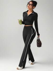 Gameset SHEIN Sport Women's Basic Polo Collar Contrast Color Long Sleeve Yoga Top - Black - View 5