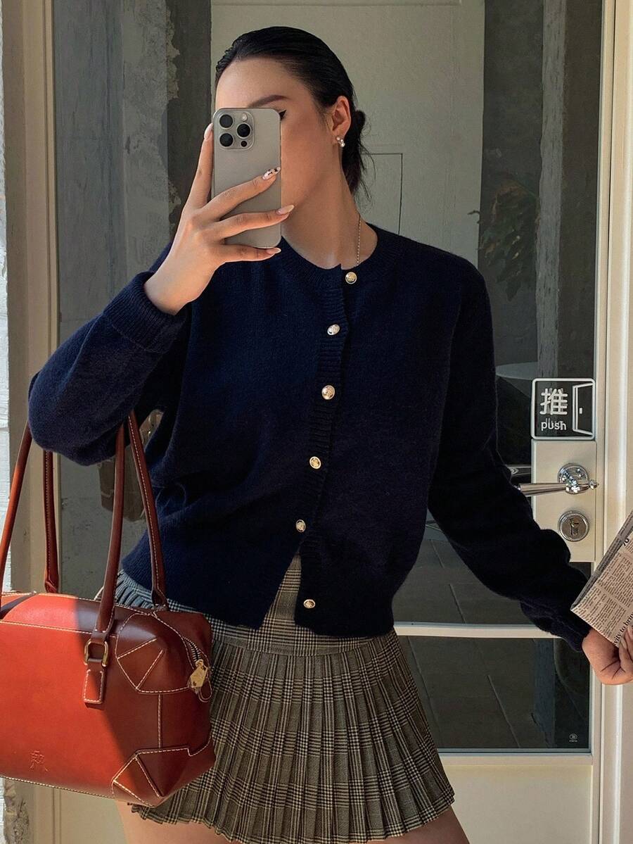 Dazy Plus Plus Size Women's Loose Fit Crew Neck Long Sleeve Cardigan Sweater, Dark Color Fall,Winter