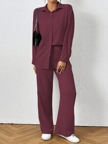 SHEIN PETITE 女款純色長袖單排扣襯衫與長褲休閒兩件套，秋季，小個子女性 - 中紫紅色 - 查看 5