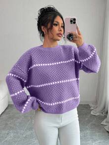 Elenzga Women's Casual Everyday Textured Fabric Striped Pattern Drop Shoulder Loose Lantern Sleeve Pullover Sweater, Autumn/Winter - Purple - View 5