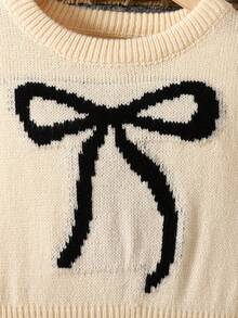 SHEIN Đầm len midi tay dài cổ tròn, thoải mái, tối giản, trang trí nơ cho bé gái tuổi mới lớn, mùa thu/đông - Màu be - Xem 4