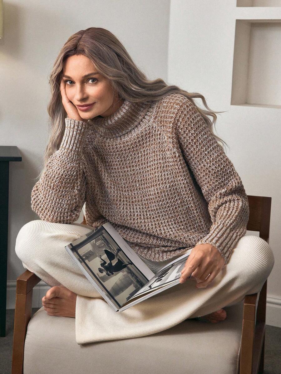 Louniche Turtleneck Raglan Sleeve Sweater,Long Sleeve Tops - Khaki - View 1
