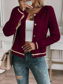 EMERY ROSE Women's Casual Colorblock Striped Cardigan, Autumn/Winter Fall Cloth For Women - Burgundy - View 4