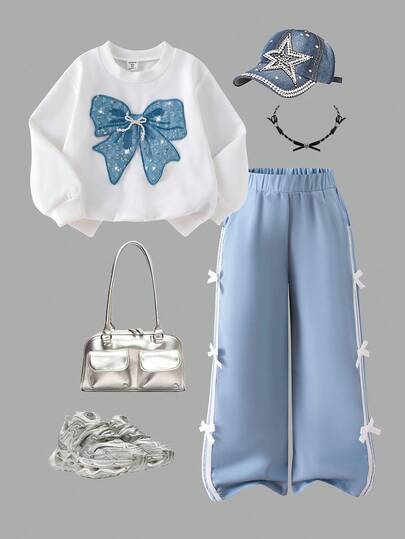 SHEIN ChillGRL 2pcs/Set Young Girls Autumn/Winter Knitted Crew Neck Sweatshirt With Bow Sequin Accent And Blue Knitted Bowknot Pants, Sports-Inspired Set Bow Outfit Baby Blue Outfit Bows On Clothes,Y2K Style,Back To School Clothes,Homecoming Set Girls Outfit Set Fall