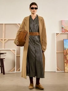 Chiquease Striped Print Collared Elegant Office Long Sleeve Dress Fall Cloth For Women - Brown - View 4