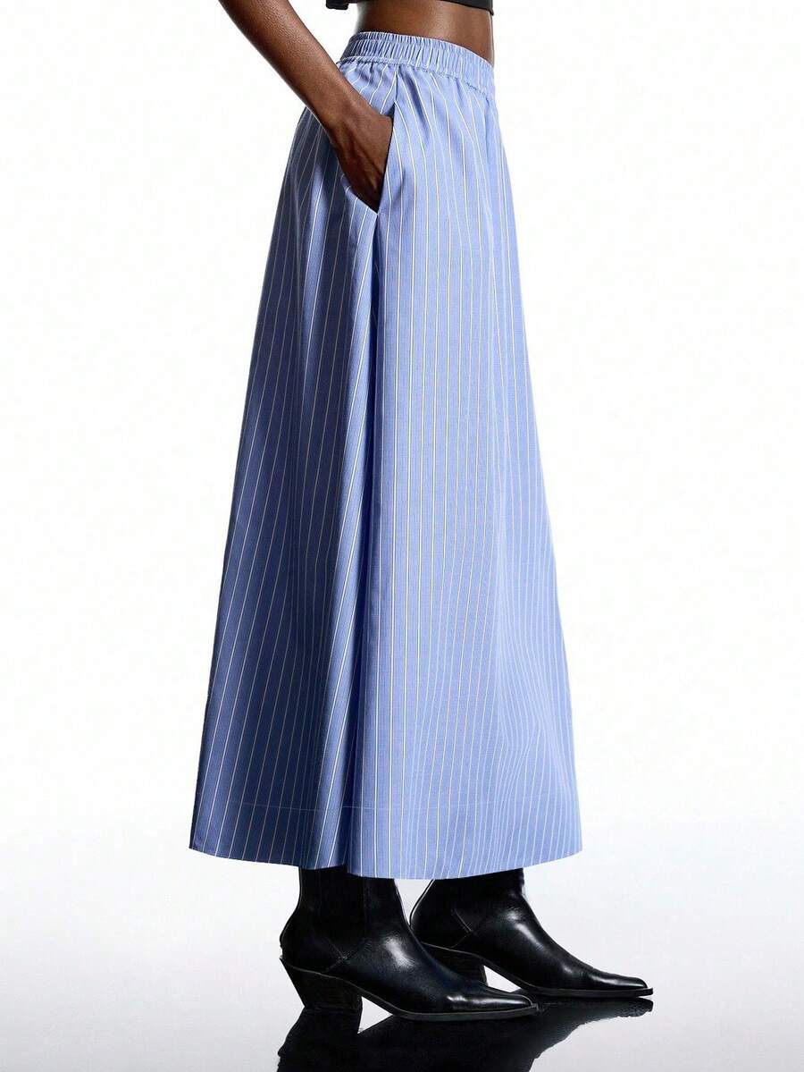 LYSMO Váy dài sọc thường ngày cho nữ, mùa hè - Màu xanh lam - Xem 1