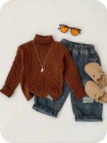 SHEIN Young Boys' Brown Heathered Knit Pullover Sweater, Casual Comfortable Thick Warm High Neck, Versatile For Back To School, Autumn/Winter Fall