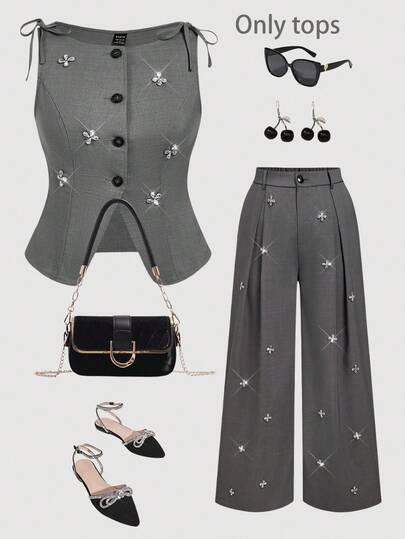 SHEIN MOD بلايزر رمادي أنيق بدون أكمام للنساء ذوات الحجم الكبير