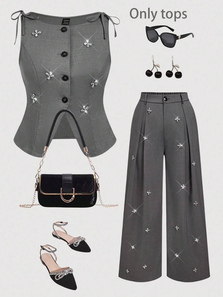 SHEIN MOD 女士加大码优雅通勤灰色无袖薄款西装外套 - 灰色 - 查看 1