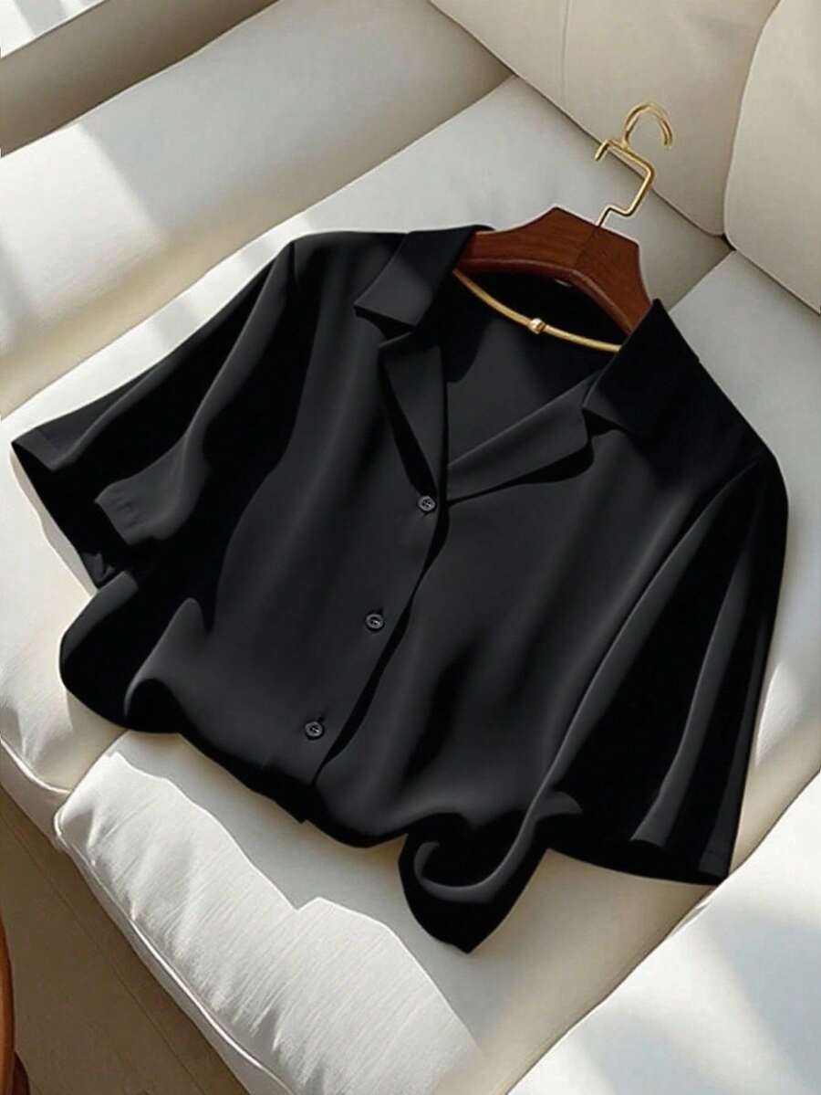 Franclia 女士休闲纯色翻领短袖衬衫，夏季 - 黑色 - 查看 1