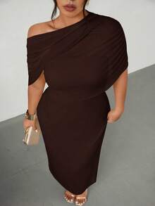 Firerie Plus Size Elegant Romantic Ruffle Asymmetric Waist Fitted Dress, Comfortable Casual New Style For Spring/Summer - Brown - View 8