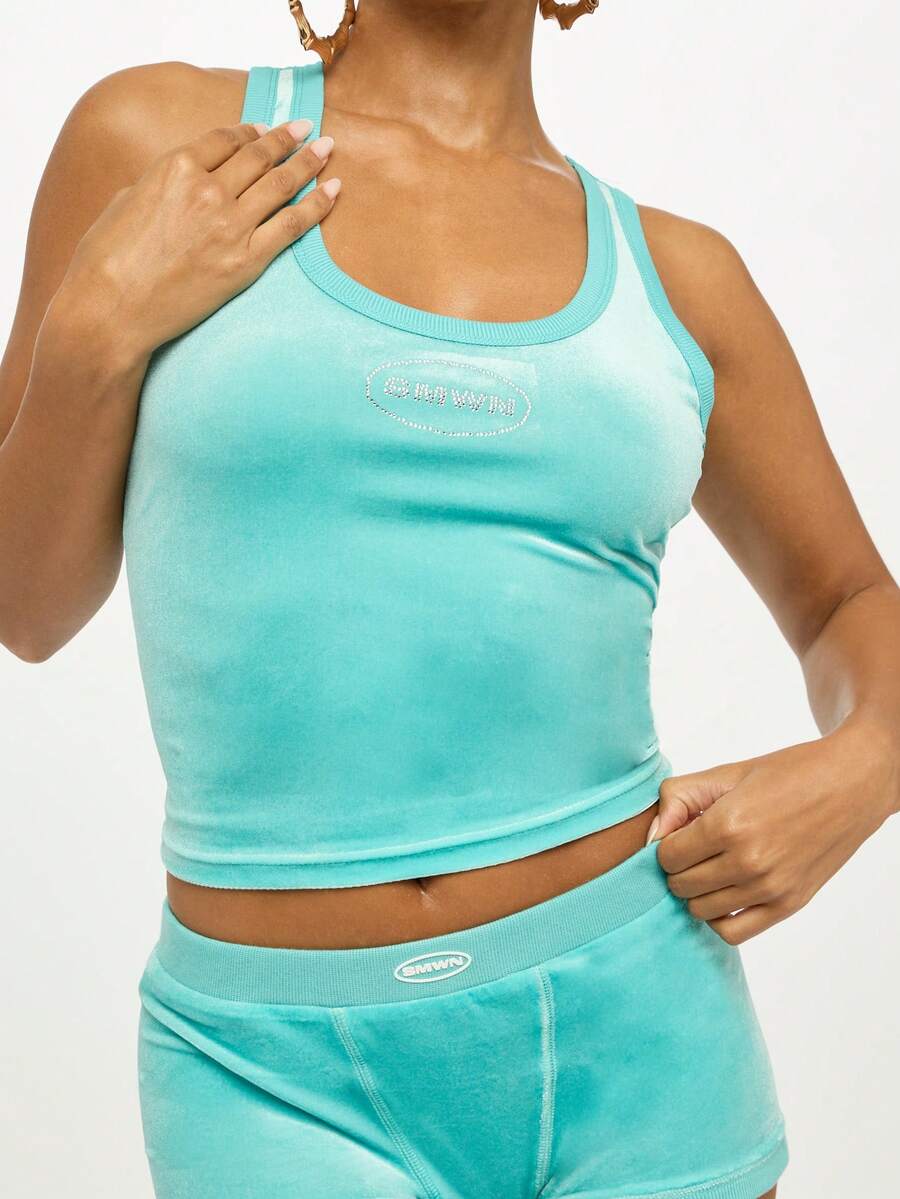 SUMWON WOMEN Áo ba lỗ cổ tròn không tay Velour Racer Back Tank Top Summer Festival Lounge - Màu xanh lam - Xem 1