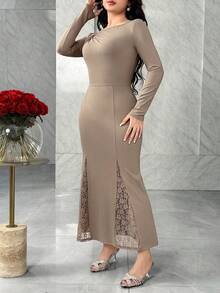 Feyla Asymmetric Asymmetrical Lace Patchwork Knit Off Shoulder Ruffle Long Sleeve Dress - Pink - View 5