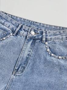 SHEIN MOD 时尚休闲铆钉水洗女式直筒牛仔裤 - 中等水洗藍 - 查看 3