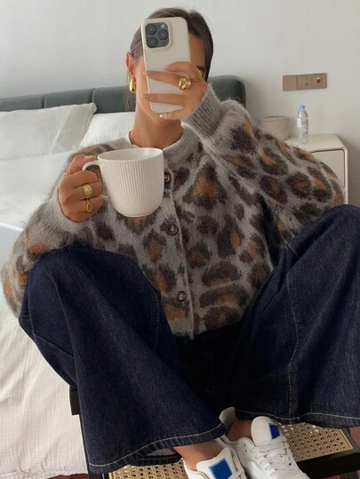 DAZY 复古单排扣豹纹开衫毛衣，冬季新品