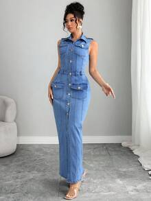 Selianne 女式优雅休闲知性牛仔无袖纽扣开衩下摆修身连衣裙 - 藍色 - 查看 5