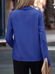 EMERY ROSE Women's Solid Color Long Sleeve Single-Breasted Pleated Casual/Work Shirt, Autumn - Royal Blue - View 2