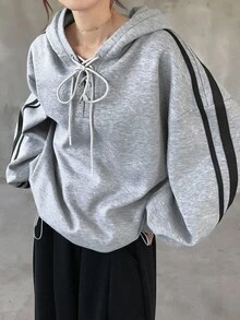 FRIFUL 女式花卉灰色连帽抽绳落肩长袖撞色条纹下摆抽绳宽松休闲羊毛运动衫，秋季