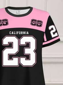 SHEIN 青少年女孩双色 23 图案短袖中长连衣裙，休闲简约黑粉色，适合夏季清凉服装系列，女童 Chroma 精选，开学季儿童，春夏韩版风格，轻松运动装，儿童图案 T 恤，运动休闲，夏季服装，毕业季必备 - 彩色 - 查看 4