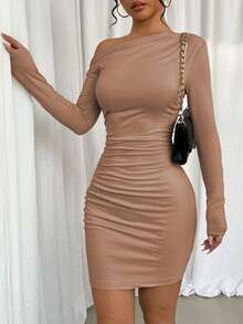 Elenzga Women's Elegant Asymmetric Ruched Fitted Mini Dress, Solid Color, Spring/Autumn Fall Cloth For Women - Brown - View 3