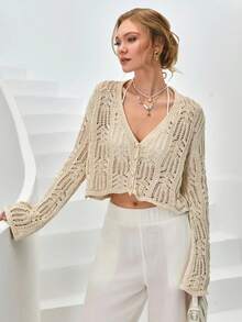 CLARA VERO Women's Button Front Gold Button Shiny Cardigan Cropped Knitted Cover Up Modest Swimwear,Long Cardigans Woman,Petite Cardigans,Cardigans - Beige - View 4