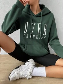 Chiquease Women's Autumn Letter Embroidery Long Sleeve Drawstring Hooded Pocket Casual Sweatshirt - Dark Green - View 4