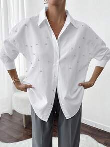 EURMUSE Women's Stylish Rhinestone Embellished Drop Shoulder Shirt - White - View 4