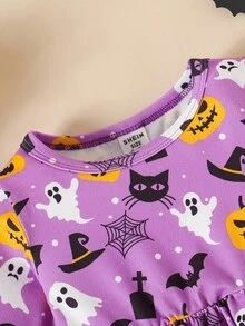 SHEIN Playful Pals Baby Girl Halloween Ghost & Pumpkin Print Cute Casual Comfortable Long Sleeve Holiday Outfit Fall Winter - Multicolor - View 4